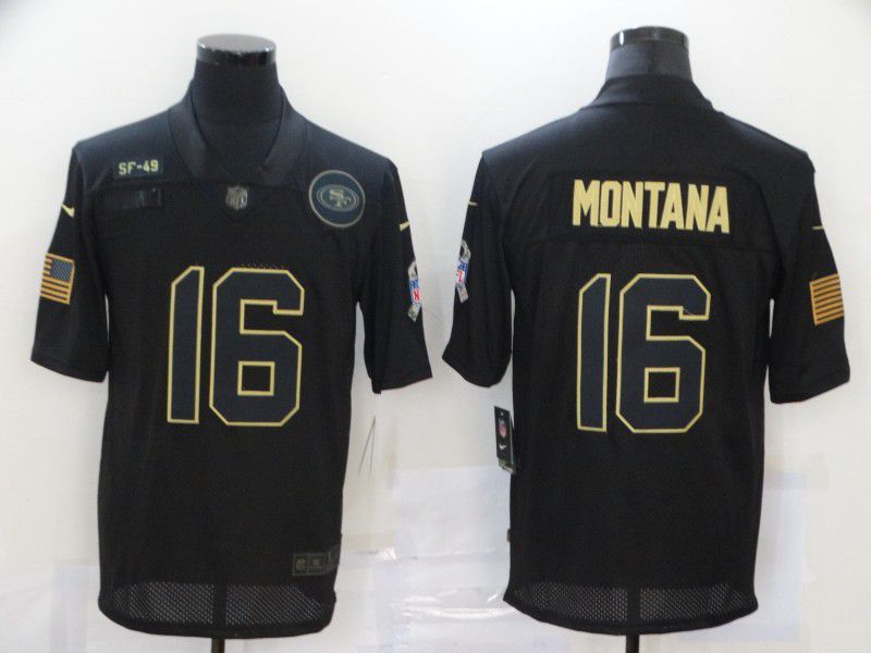 Men San Francisco 49ers #16 Montana Black gold lettering 2020 Nike NFL Jersey